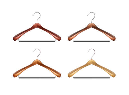 Vector set of brown wooden clothes hangers close up isolated on white backgroundのイラスト素材