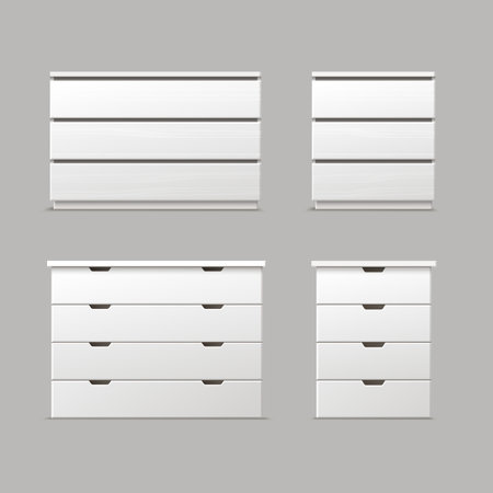 Vector set of different white drawers, nightstands or bedside tables front view isolated on backgroundのイラスト素材