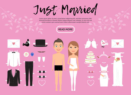 Bride and groom characters constructor template with wedding clothing and decoration in flat style isolated vector illustrationのイラスト素材