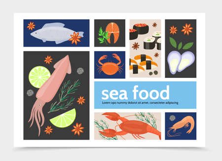 Flat seafood infographic template with natural squid fish crab lobster shrimp salmon steak mussels sushi rolls herbs lime vector illustrationのイラスト素材