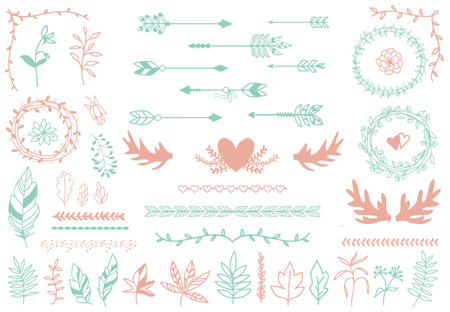Ethnic tribal boho elements. Arrows and feathers, dividers and borders.  Elegance decoration artwork, decorative sign hipster, sketch drawing, love label. Vector illustrationのイラスト素材