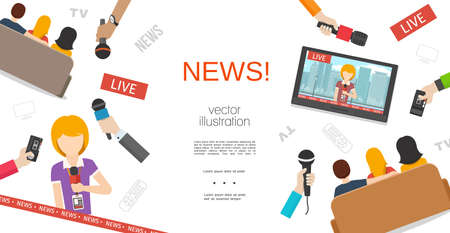 Flat news colorful template with reporter different male and female hands holding microphones people watching news on television vector illustrationのイラスト素材