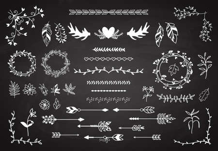 Floral boho element set. Arrows and horns, feathers and wreaths. Hipster ornament vintage. Vector illustrationのイラスト素材
