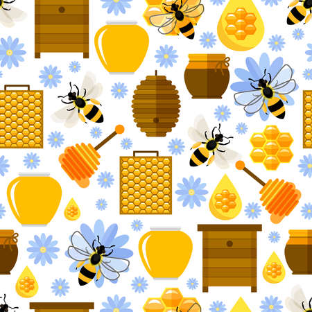 Flowers, bees and honey seamless background. Pollination and beeswax, natural comb, vector illustrationのイラスト素材