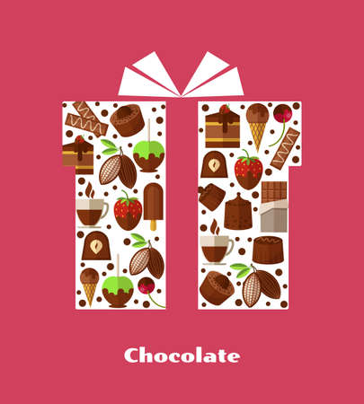 Gift card template with sweets, chocolate and other sweet food. Birthday and box, object greeting, coffee and food, vector illustrationのイラスト素材