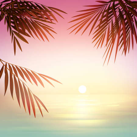 Vector pink blur sunset with sun, azure sea and palm leaves silhouettesのイラスト素材