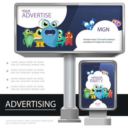 Realistic outdoor advertising template with promotion concept of cartoon film using billboard and stand vector illustrationのイラスト素材