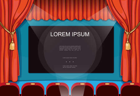 Cartoon movie premiere concept with red elegant curtains big screen and seats in cinema vector illustrationのイラスト素材