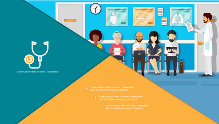 Flat medicine colorful composition with patients waiting for doctor appointment in hospital vector illustrationのイラスト素材
