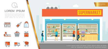 Flat supermarket colorful concept with people buying products in store and different shopping icons vector illustrationのイラスト素材