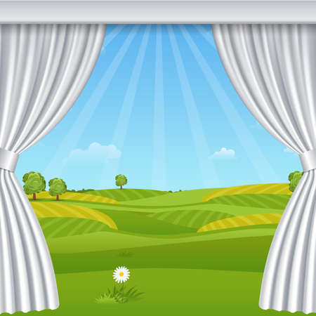 White opened luxurious curtains template with beautiful meadow landscape and sunbeams outside window vector illustrationのイラスト素材