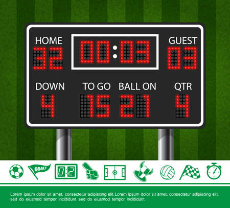 Colorful sport concept with american football scoreboard on green field background and soccer icons vector illustrationのイラスト素材
