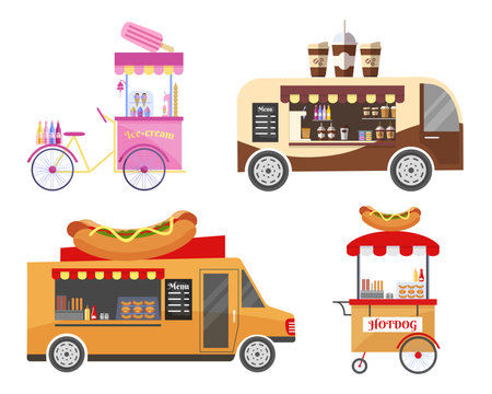 Street food and fast food transport equipment set. Ice cream and coffee, hot dog and sausage, portable kiosk, showcase market, vector illustrationのイラスト素材