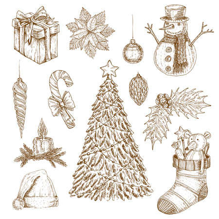 Set of isolated hand drawn monochrome christmas elements with year tree snowman gift box baubles vector illustrationのイラスト素材