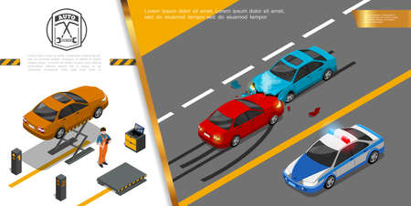 Isometric auto repair service concept with car accident and mechanic standing near automobile on lift equipment vector illustration