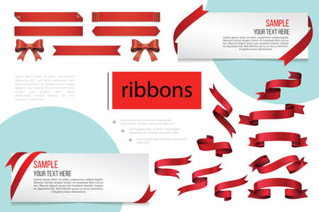 Decorative red blank ribbons composition with text bows and rectangular banners vector illustrationのイラスト素材