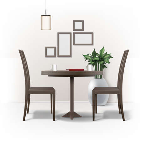 Vector dining room interior with round brown wooden table, two chairs, red book, cups of coffee or tea, lamp, plant in pot and photo frames on wall isolated on white backgroundのイラスト素材