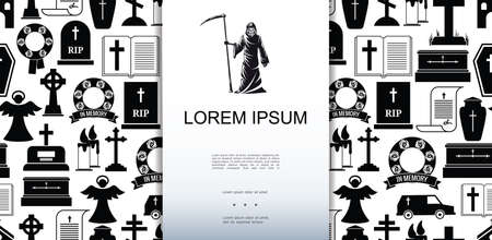 Flat death icons seamless pattern with grim reaper funeral and burial black elements vector illustrationのイラスト素材