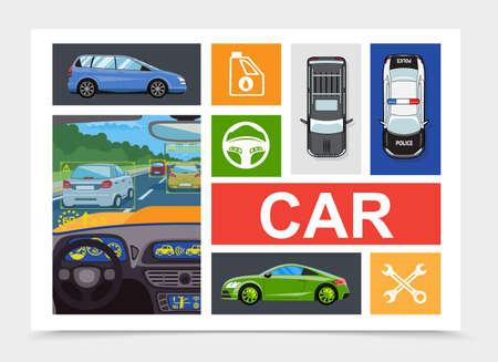 Flat city transport composition with car inside view different automobiles crossed wrenches fuel canister steering wheel icons vector illustrationのイラスト素材