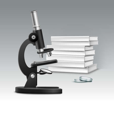 Vector black metal optical microscope with petri dish and pile of white books isolated on backgroundのイラスト素材