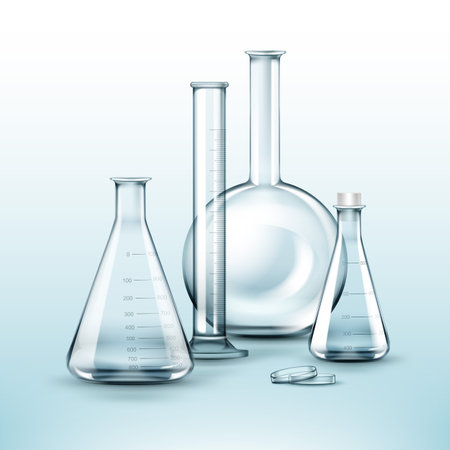 Vector set of transparent glass chemical laboratory flasks, test tube isolated on backgroundのイラスト素材