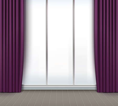 Vector empty room with large window and purple, violet curtainsのイラスト素材