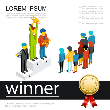 Isometric success colorful template with people standing on podium in front of audience vector illustrationのイラスト素材
