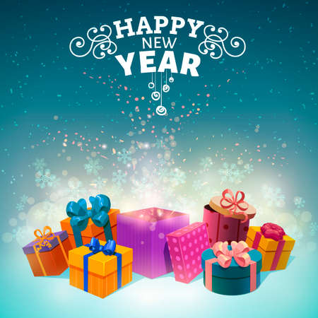 Christmas gift boxes design with decorative title and pile of cardboard packages on snow vector illustrationのイラスト素材