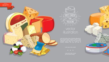 Cartoon fresh dairy products template with different types of cheese in packaging and without it vector illustrationのイラスト素材