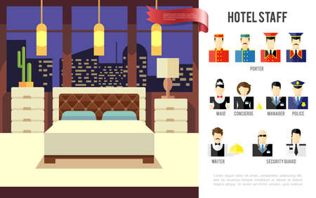 Flat hotel colorful concept with motel interior room and porters maid concierge manager policeman waiter security guards icons vector illustrationのイラスト素材