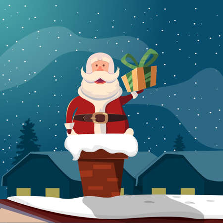 Background with flat cartoon image of Santa Claus hanging out of chimney with gift box vector illustrationのイラスト素材