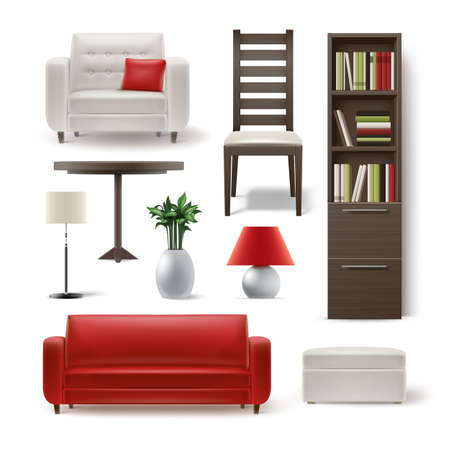 Vector set of living room furniture brown wooden bookcase, dining chair, white armchair, round table, plant, floor lamp, pouf and red sofa isolated on backgroundのイラスト素材