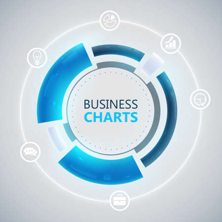 Circle infographic template with blue business chart and white icons on gray background isolated...