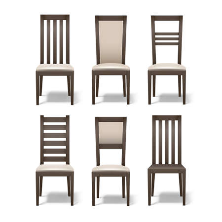Vector set of different brown wooden room chairs with soft beige upholstery isolated on white backgroundのイラスト素材