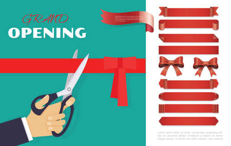 Grand opening ceremony concept with red ribbons banners bows and male hand with scissors cutting ribbon vector illustrationのイラスト素材