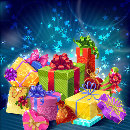 Cartoon gifts boxes holiday composition with icon set lying in a bunch vector illustrationのイラスト素材