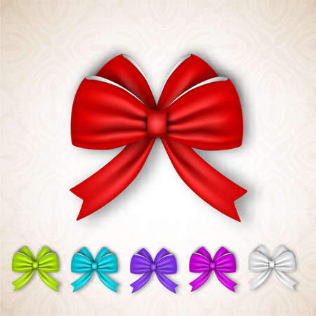 Festive gift satin ribbon bows set of red green blue purple pink white colors isolated vector illustrationのイラスト素材