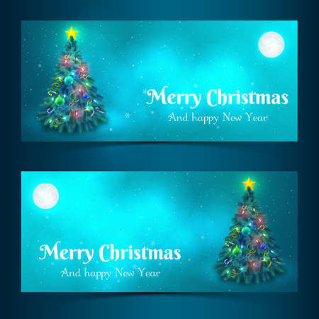 Flat design decorated christmas tree in moonlight banners isolated vector illustrationのイラスト素材