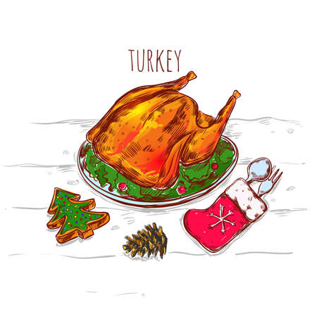 Drawn christmas sketch image of grilled turkey on plate with flatware in mitten and decorative accessories vector illustrationのイラスト素材