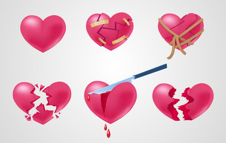 Romantic red elements set with broken stuck shattered cut out torn and roping hearts isolated vector illustrationのイラスト素材