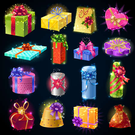 Cartoon colorful gift boxes icon set isolated and with magic sparkles and bows vector illustrationのイラスト素材