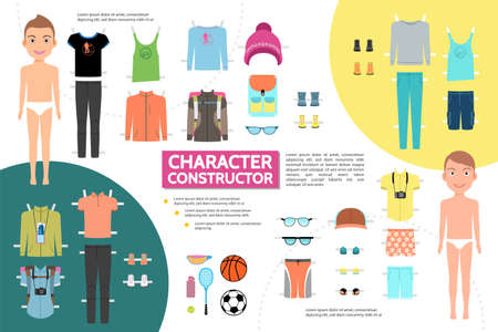 Flat male athlete character infographic concept with sport clothing sneakers sunglasses cap tennis racket bottle soccer basketball balls isolated vector illustrationのイラスト素材