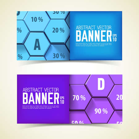 Web geometric horizontal banners with blue and purple 3d hexagons and percentage isolated vector illustrationのイラスト素材