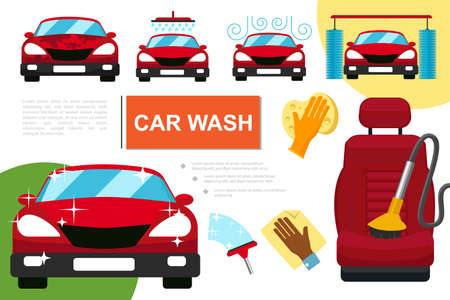 Flat car washing service composition with different automobile wash procedures cleaner on auto seat hands in gloves holding sponge and washcloth vector illustrationのイラスト素材