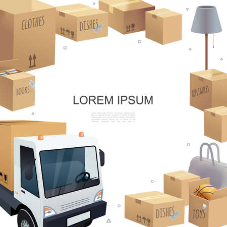 Moving service colorful template with delivery truck lamp bag cardboard boxes of different goods and products vector illustrationのイラスト素材
