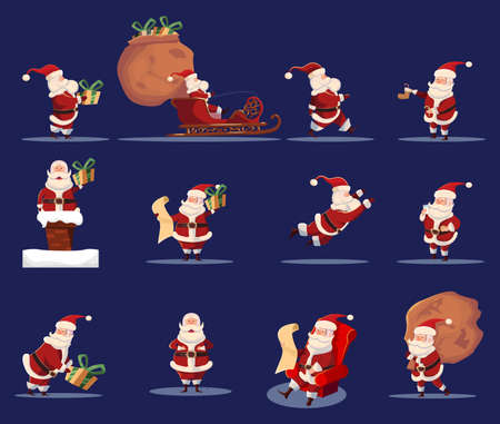 Flat isolated icons set with Santa Claus in traditional costume with Christmas holiday gifts sack blue background vector illustrationのイラスト素材
