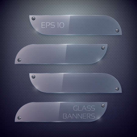 Business web concept with empty glass horizontal banners on dark metal grid background isolated vector illustrationのイラスト素材