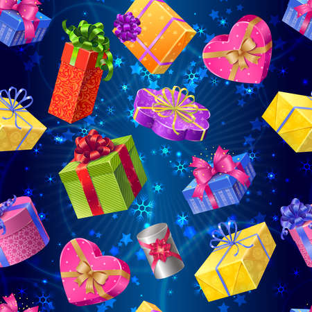 Colored gift boxes seamless background pattern with flying presents on snow background vector illustrationのイラスト素材