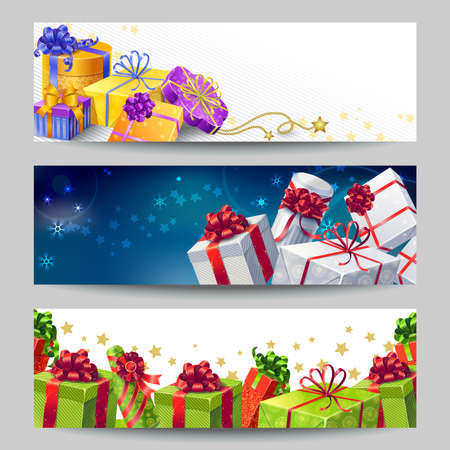 Three horizontal and isolated colored gift boxes banner set in different shapes vector illustrationのイラスト素材