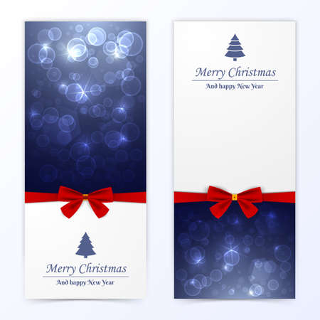 Vertical elegant merry christmas banners decorated with red ribbons and bokeh set flat isolated vector illustrationのイラスト素材
